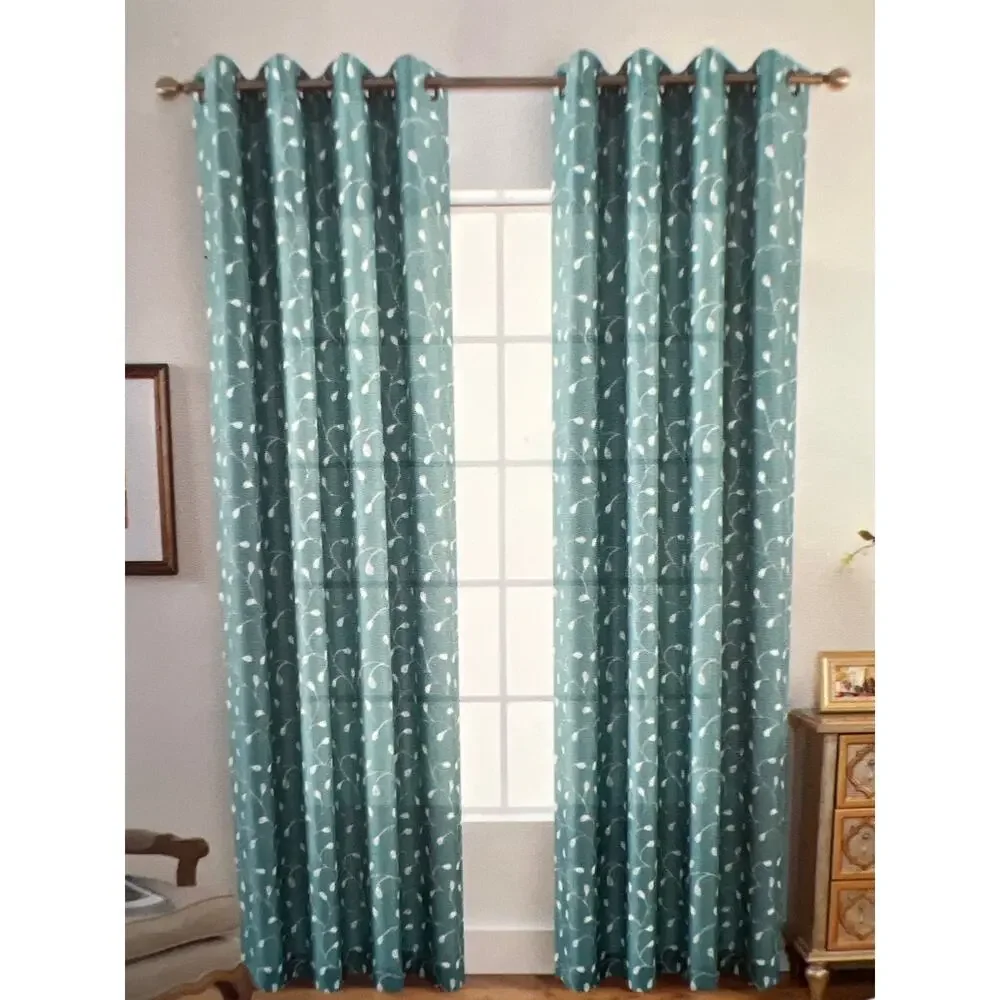 MIUCO Floral Embroidered Semi-Sheer Linen Grommet Curtains  52 x 84 Panel Set